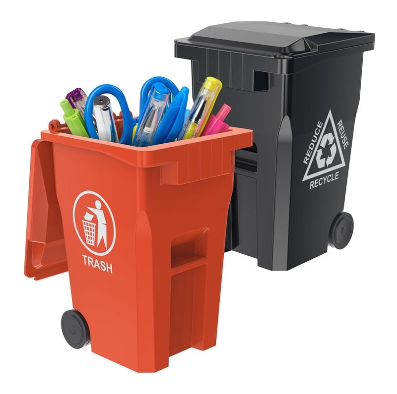 Wiosi Mini Garbage Trash Pen Holder for Desk and Tiny Recycle Bin Pencil Holder Black & Orange, Pack of 2 - Storage for Pencil & Pen | Office Stationery to Organize The Desk | Ideal for Student Work - Image 1